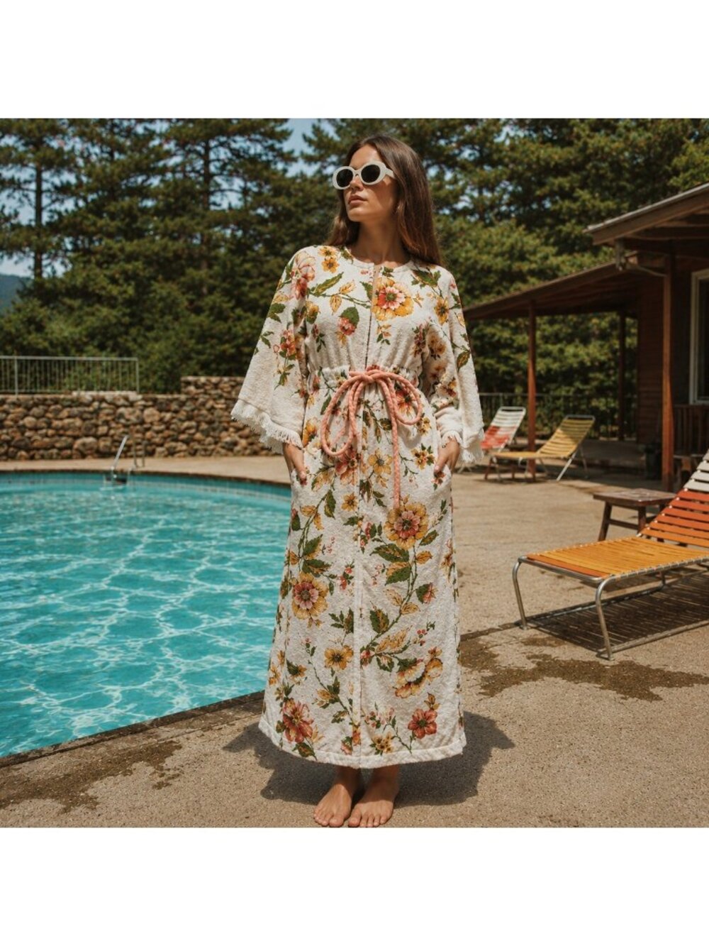 Terry Cloth Vintage Floral Zip Maxi Dress Cover Up Towel Half Sleep Women S / M
